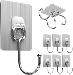 Large Adhesive Hooks for Hanging Heavy Duty Wall 22 lbs 8pcs, Silver - Picture 1 of 9