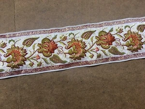 VTG FRENCH RIBBON 2 YD L x 2.75" W TRAPUNTO FLOWER/VINE WHITE/GOLD/OLIVE/RED - Picture 1 of 11