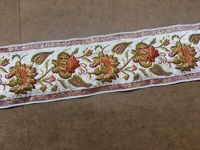VTG FRENCH RIBBON 2 YD L x 2.75" W TRAPUNTO FLOWER/VINE WHITE/GOLD/OLIVE/RED - Image 1 of 4