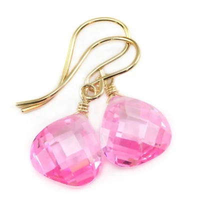 14k Gold Cubic Zirconia Earrings Simulated Pink Sapphire CZ Heart Sterling Drop - Image 1 of 4