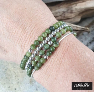Stackable Stretch Bracelets With Sterling Silver & Green Serpentine Canada Jade - Picture 1 of 9