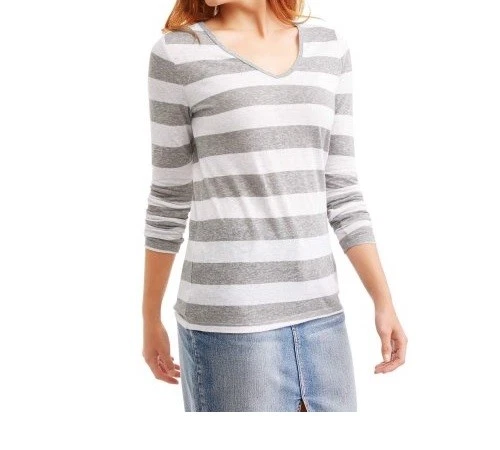 Faded Glory Women's Gray Heather Stripe Long Sleeve V-Neck T-Shirt Size M (8/10) - Изображение 1 из 1