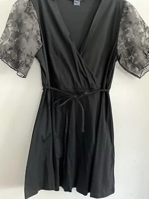French Connection Black Wrap Look, Sheer Floral Lace Sleeve Midi Dress Size 12 - image 1 of 4