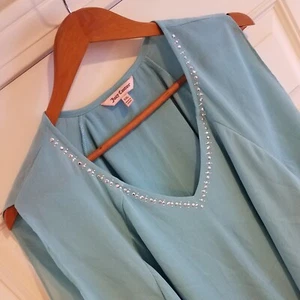 Juicy Couture XXL Layered Cold Shoulder Blouse Embellished Teal Blue E15 - Picture 1 of 9