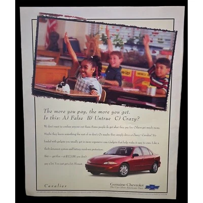 Chevrolet Cavalier Vintage Color Impresión Anuncio Años 90 Chevy GM Aula Conejito Coche Rojo Foto 1 de 4