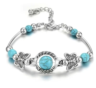 Nuevo Brazalete Mariposa y Turquesa Tono Plata con Cierre de Metal Foto 1 de 4