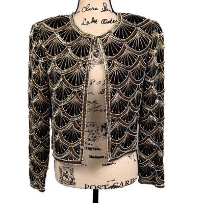 Laurence Kazar Silk Jacket Pearls Sequins Gold Embroidery Sz MP Black Tie Formal - Image 1 of 4