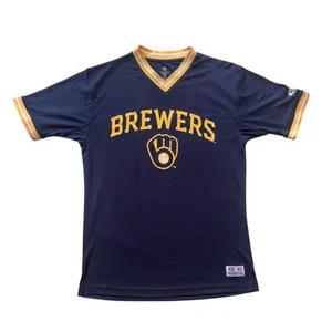 MLB Milwaukee Brewers Men's Short Sleeve Pullover Jersey in Navy Blue, Medium - Picture 1 of 2