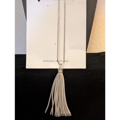 NWT Banana Republic Long Silver Tone Chain Leather Tassel Necklace - Image 1 of 4