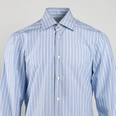 Camicia elegante bianca/azzurra nuova con etichette $1150 KITON puro cotone a righe taglia 15,75/40 - Immagine 1 di 4