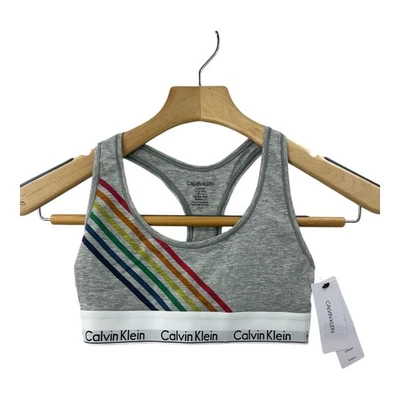 Calvin Klein Rainbow Stripe Sports Bra Comfort Fit S/P/CH Racerback Gray Pride - Image 1 of 4