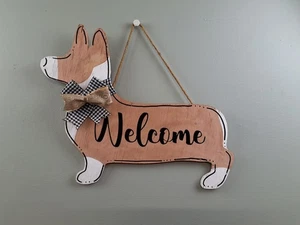 Letrero de madera “Bienvenido” de corgi galés Pembroke hecho a mano y pintado 19" de largo lectura - Imagen 1 de 7
