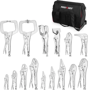 15-Pc Locking Pliers Set with C-Clamps, Long Nose, Pinch Off, Sheet Metal Clamp, - Picture 1 of 9
