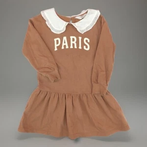 H&M Girls Paris Dress Size 6/8 Pink Brown White Lace Trim Peter Pan Collar - Picture 1 of 6