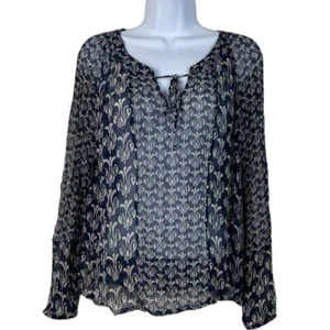 John Robshaw Lucky Brand Damen kleine Langarm Bluse dunkelblau transparente Seide - Bild 1 von 4
