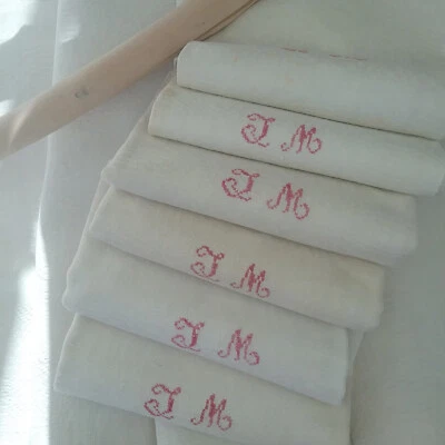  Service de table PUR LIN damasséNappe et 6 serviettes- Linge ancien brodé JM - Photo 1/4