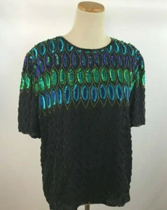 Vintage Stenay womens top 100% silk sequin and beads size L - Picture 1 of 10