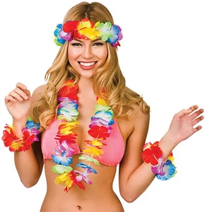 10 x Hawaiian Flower Garland Head Wrist Set Tropical Beach Party 4pc Fancy Dress - Picture 1 of 3