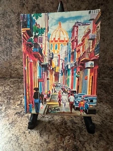 SMALL VINTAGE CUBAN ART PAINTING ON CANVAS STREET SCENE with STAND - Picture 1 of 5