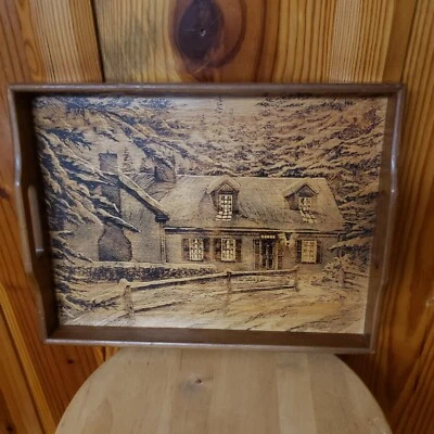 Vintage Carved Etched Wooden Serving Tray Cabin In Snow Nature Country Cabin - Image 1 of 4