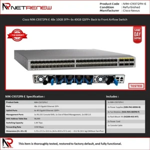 Cisco N9K-C9372PX-E 48x 10GB SFP+ 6x 40GB QSFP+ Back to Front Airflow Switch - Picture 1 of 1