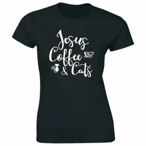 Jesus Coffee and Cats Image T-Shirt for Women - Picture 1 of 2