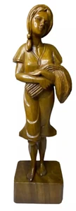 Scultura in legno Art Decò donna che raccoglie base di grano grande - Foto 1 di 10