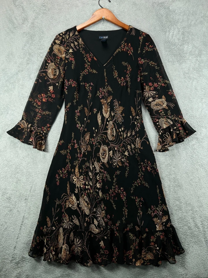 EVA BLUE Dress Womens 8 Dresses Black Floral Beaded Dress Chiffon Ruffle Flounce - Image 1 of 4