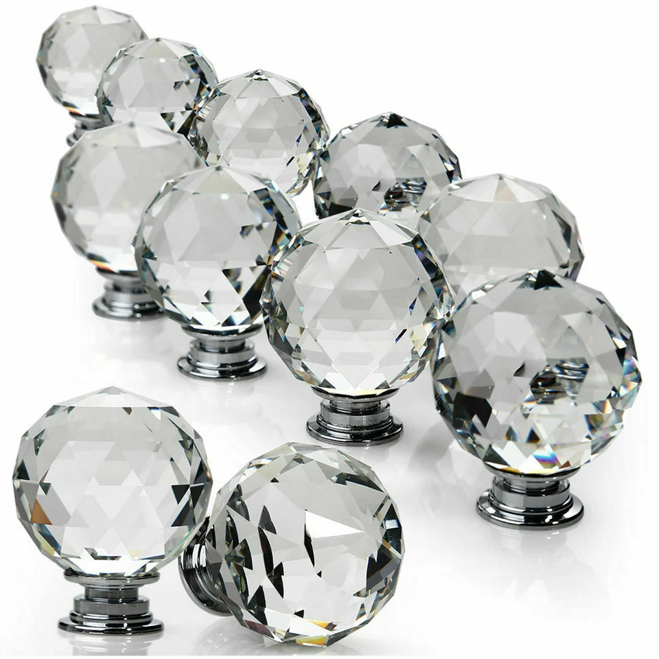 CLEAR CRYSTAL DIAMOND GLASS DOOR KNOBS CUPBOARD DRAWER FURNITURE HANDLE CABINET - Image 1 of 4