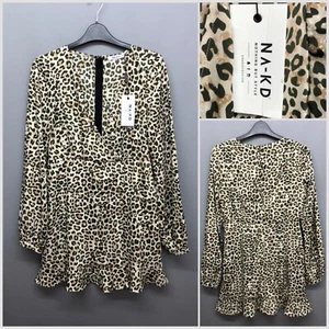 NEW NA-KD Leopard Print Overlap Mini Dress UK 10 EUR 38 US 6 - Imagen 1 de 15