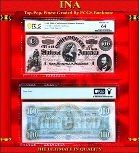 $100 1864 Confederate T-65 PF-1 CR-490 Obsolete Note Civil-War PCGS 64 Finest - Imagen 1 de 4