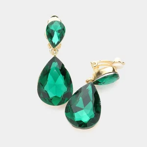 Clip on 1 3/4" gold and green stone double teardrop earrings - Picture 1 of 4