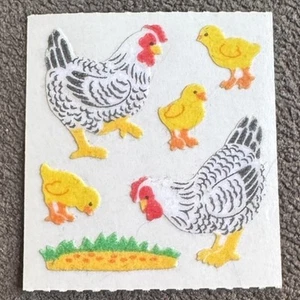 Vintage Sandylion Stickers FUZZY FLOCKED MAMA CHICKENS & CHICKS Single Module - Picture 1 of 2