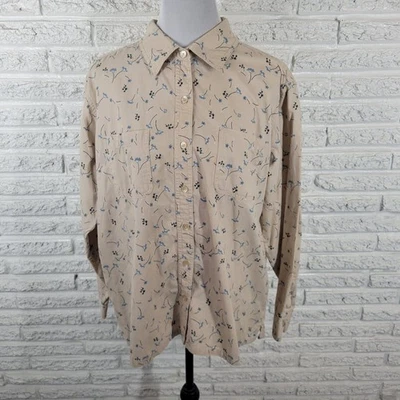 Top Cherokee Mujer 20W Plus Manga Larga Botón Beige Azul Floral Bolsillos Algodón Foto 1 de 4