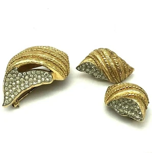 Conjunto de pendientes broche de diamantes de imitación concha Jomaz Joseph Mazer tono dorado vintage - Imagen 1 de 12