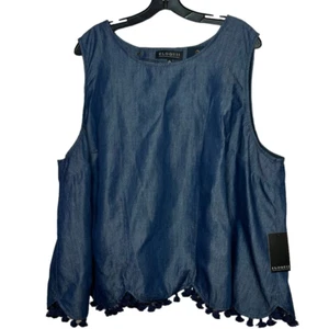 Eloquii Women's Sleeveless Blue Denim Chambray Scalloped Hem Tassel Size 24 New - Picture 1 of 14