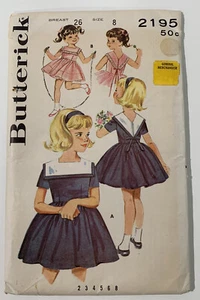 Butterick 2195 Girl's 1950s Dress Full Skirt Collar Sewing Pattern 8 B 26 Uncut - Picture 1 of 3