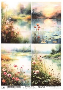 Reispapier A4 Strohseide Decoupage Landschaft See Blumen Malerei Vintage RE3713 - Bild 1 von 1