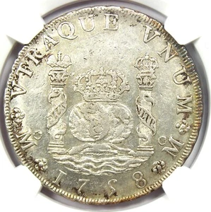 1758 Mexico Pillar Dollar 8 Reales Silver Coin (8R) - Certified NGC AU Details - Picture 1 of 4