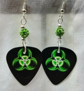 Green and Black Toxic Guitar Pick Earrings with Green Pave Beads - Picture 1 of 2