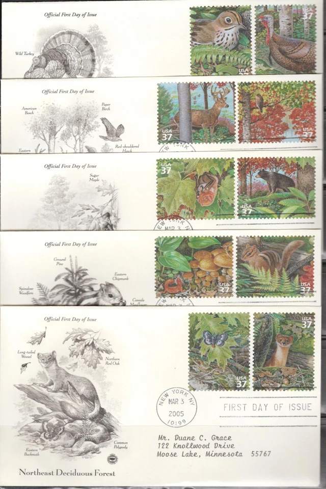 2005 FDC Set of 5 - Scott# 3899 - Northeast Deciduous Forest - PCS Cachet ADD - Image 1 of 1