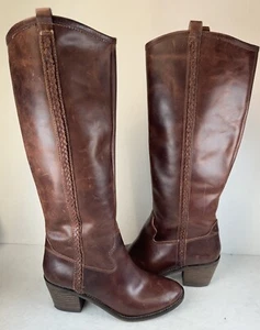 Lucky Brand Looloo Brown Leather Heeled Knee-High Riding Boots Sz 6 1/2 M - Picture 1 of 24