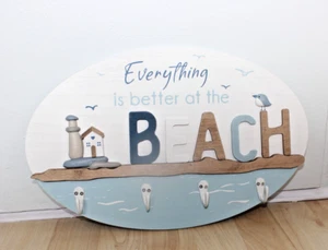 COAT FOUR HOOKS NAUTICAL SIGN ,EVERYTHING IS BETTER A THE BEACH THE, WOOD - Picture 1 of 5