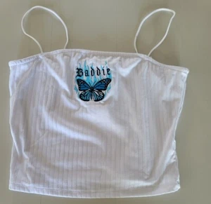 Womens Crop Top Shirt Blouse Blue Butterfly with Flames " BADDIE" White Large - Picture 1 of 10