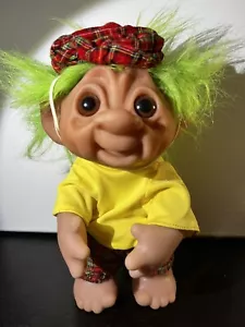 Vintage Thomas Dam Denmark Tartan Plaid Troll Doll 1977 / 1985 w/Green Hair 9” - Picture 1 of 14