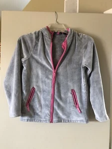 Lands End Girls Fleece Hooded Jacket Gray With Pink Trim XL 16 - Picture 1 of 3