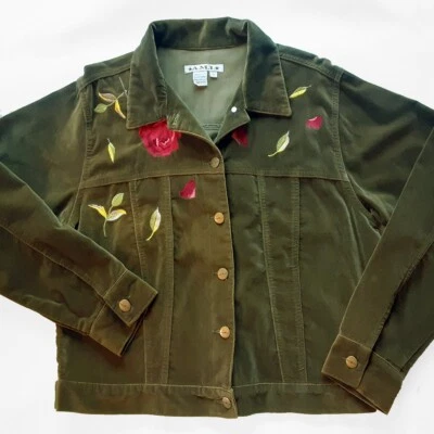 A.M.I. Talla L Verde Oliva Algodón Pana Bordada Jean Botón Tack Chaqueta Foto 1 de 4