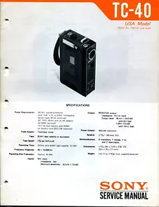 Sony Model TC-40 Cassette Corder Service Manual SN 156,101 & Later - Picture 1 of 3