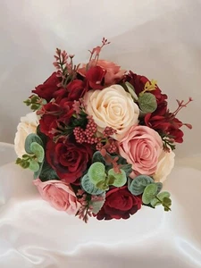 BRIDESMAID SILK BURGUNDY DUSTY PINK CREAM ROSE WEDDING BRIDE FLOWER BOUQUET FAKE - Picture 1 of 2