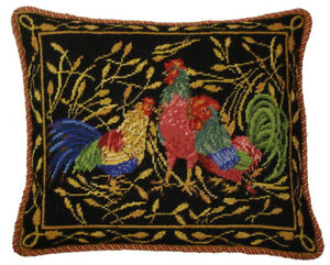 Needlepoint Pillow | Anne Hathaway's Design Black with 3 Roosters 16"x20" Wool 